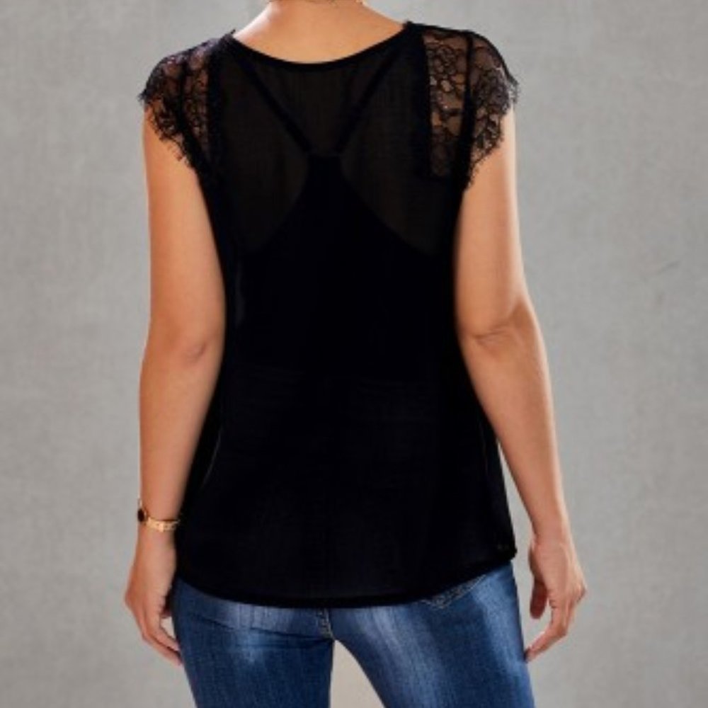 Lace Tank Top with Racerback Cami, Black - Picture 3 of 4